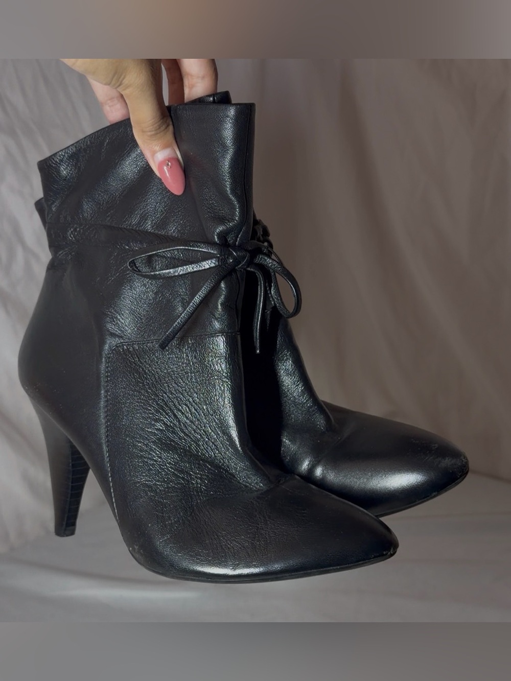 Women's Black Pointed-Toe Ankle Boots with Bow Tie